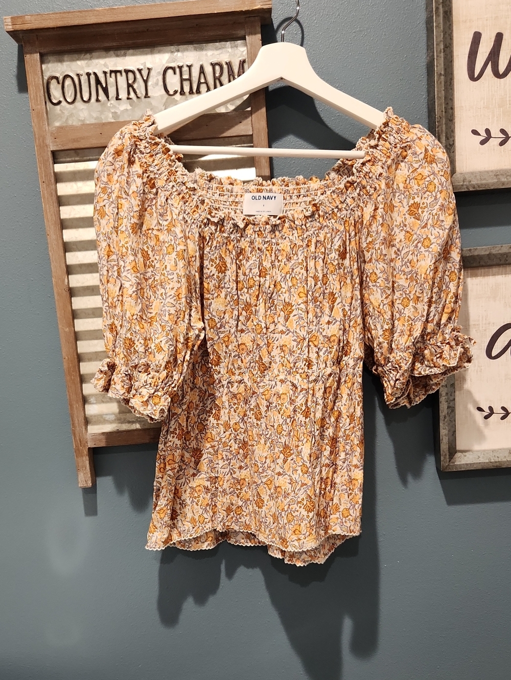 Old Navy Mustard Floral Smocked Off-Shoulder Puff Sleeve Blouse